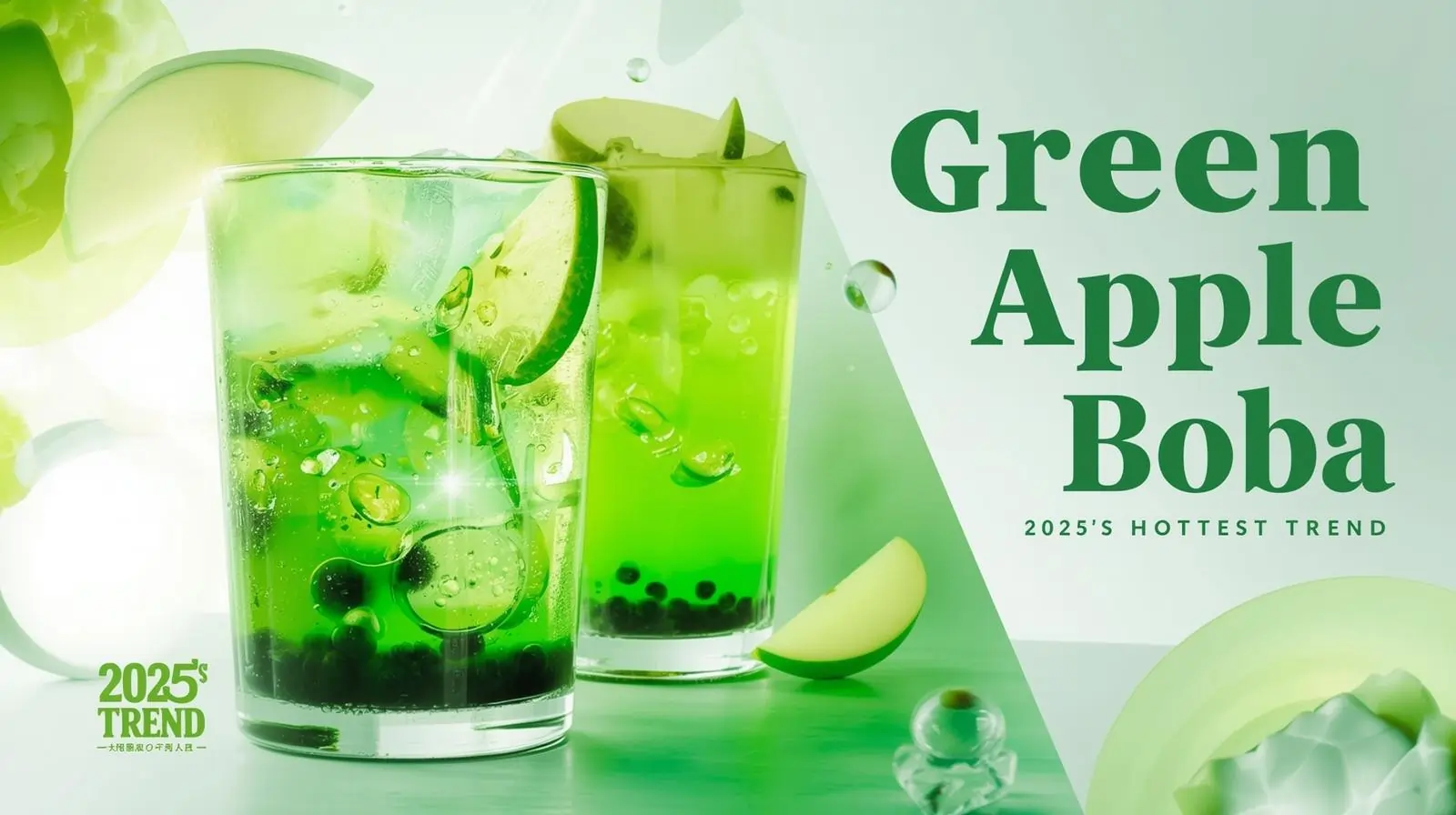 Green apple bubble tea with tapioca pearls in clear glass, featuring bright neon-green liquid and wide boba straw - 2025's trending bubble tea flavor